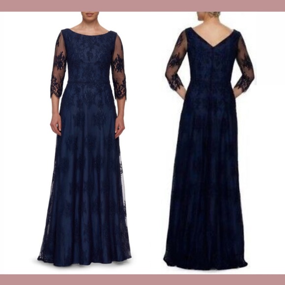 NEW La Femme [ 14 ] 3/4 Sleeve Embellished‎ Lace A-Line Gown in Navy - Picture 1 of 12
